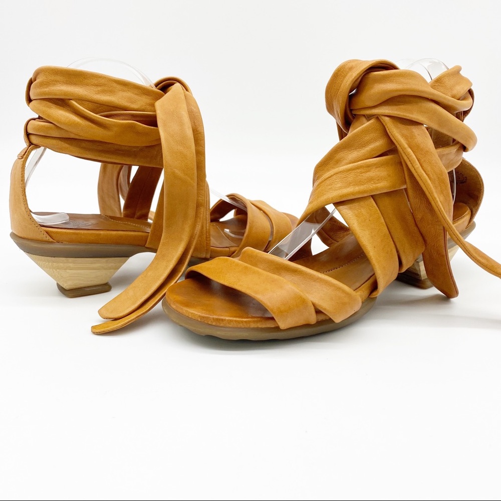 John Fluevog Ankle Tie Leather Block Heel Sandals